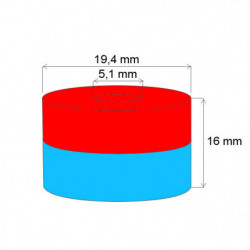Неодимов магнит пръстен диам.19,4x диам.5,1x16 N 120 °C, VMM4H