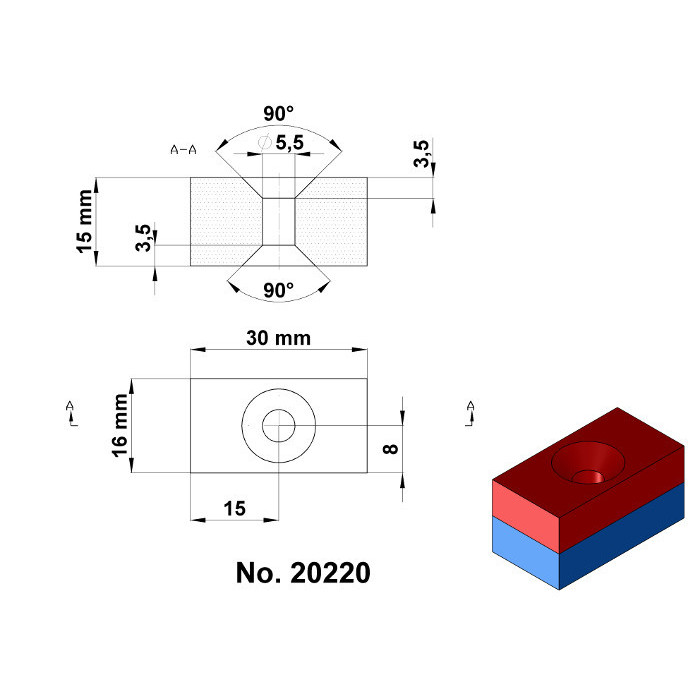 Неодимов магнит куб 30x16x15 N 120 °C, VMM5H