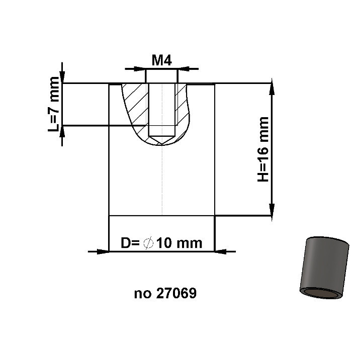 Магнитна леща цилиндрична диам. 10 x височина 16 мм с вътрешна резба M4. самозалепваща дължина резба 7 мм