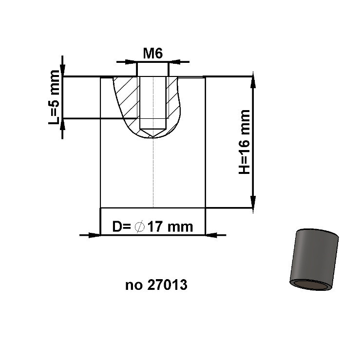 Магнитна леща цилиндрична диам. 17 x височина 16 мм с вътрешна резба M6. самозалепваща дължина резба 5 мм