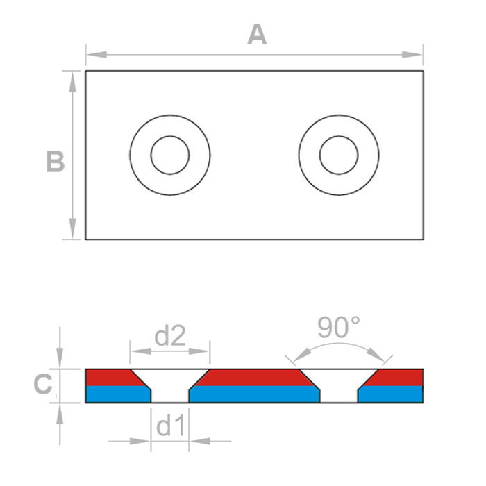 Неодимов магнит куб с отвор за болт с плоска глава 40 x 20 x 4 N 80 °C, VMM4-N35