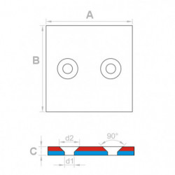 Неодимов магнит куб с отвор за болт с плоска глава 40 x 40 x 4 N 80 °C, VMM4-N35