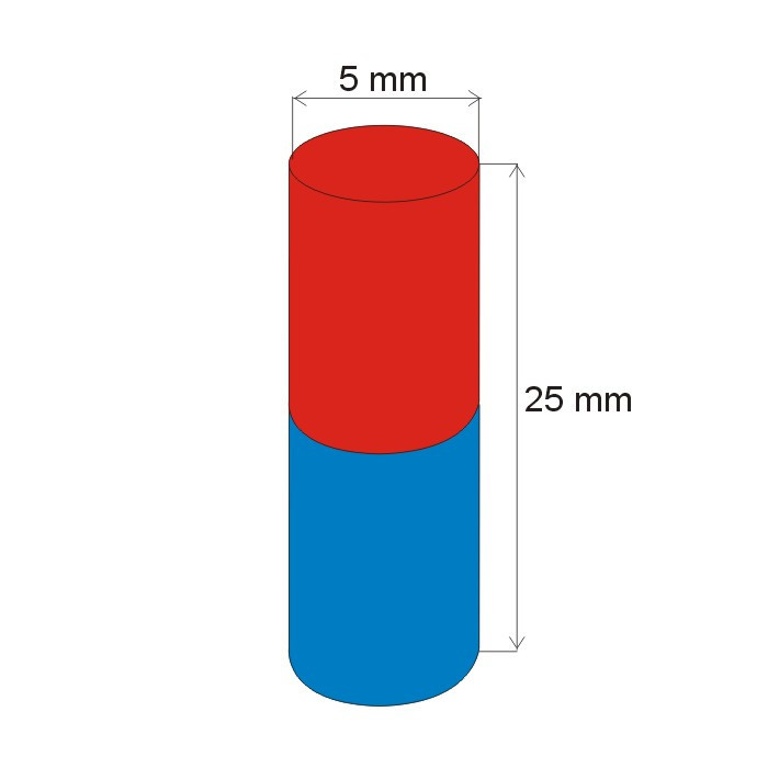 Неодимов магнит цилиндър диам.5x25 N 80 °C, VMM8-N45